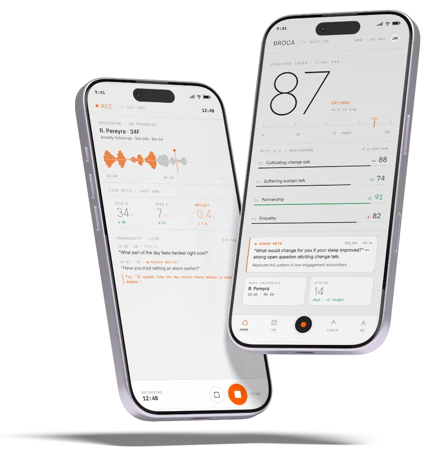 BROCA app shown on two iPhones — live encounter recording and coaching index dashboard